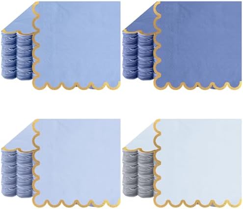 100 Pack Scalloped Blue Cocktail Napkins with Gold Foil