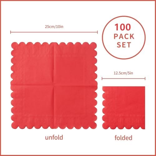 100 Pack 2-Ply Scalloped Edged Napkins Red