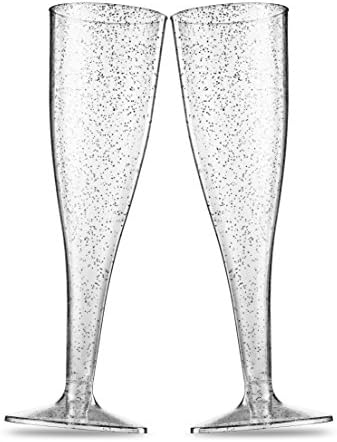 100 Plastic Champagne Flutes 5 Oz Disposable Silver Glitter Glasses for Parties
