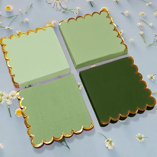 100 Pack Green Cocktail Napkins with Gold Foil Scalloped Edge