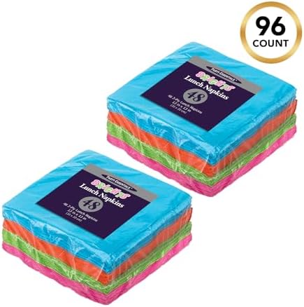 Party Essentials 2-Ply Disposable Four Fold Neon Napkins 13x13 96 Count