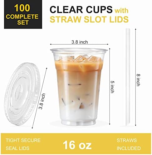 VITEVER 16oz Clear Cups with Lids Straws 100 Sets