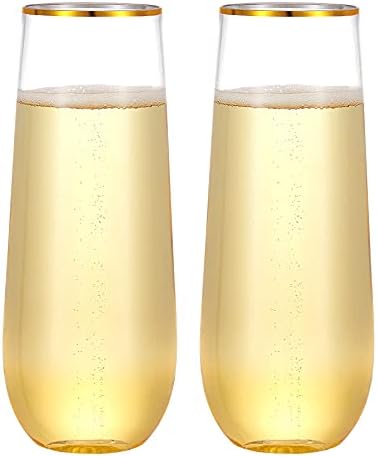 N9R 24PCS Plastic Champagne Flutes 9 Oz Stemless Gold Rim Toasting Glasses