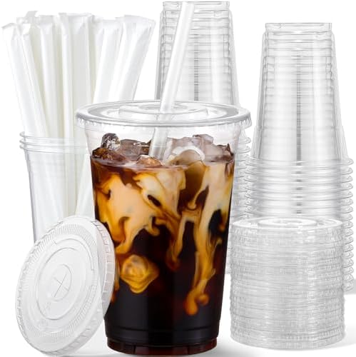 AOZITA 25 Pack 16 oz Plastic Cups with Lids and Straws