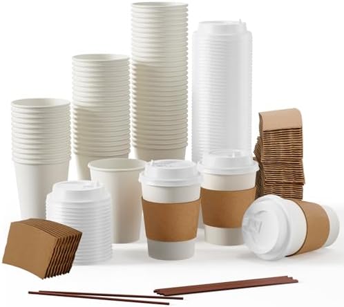 100 Pack 12oz Paper Coffee Cups with Lids and Sleeves
