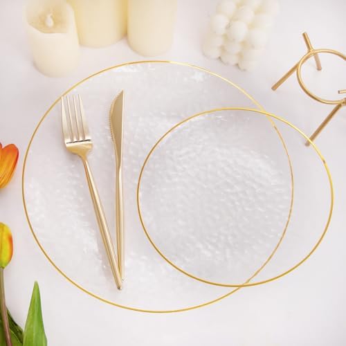 Rubtlamp 60Pcs Clear Plastic Plates with Gold Rim