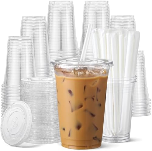 AOZITA 100 Pack 16 oz Clear Plastic Cups with Lids and Straws
