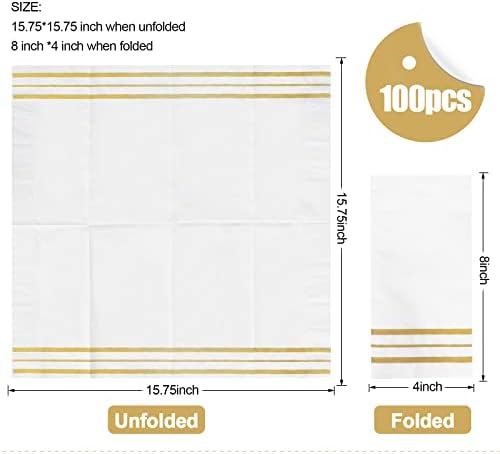 100 Pcs White and Gold Napkins for Parties and Events