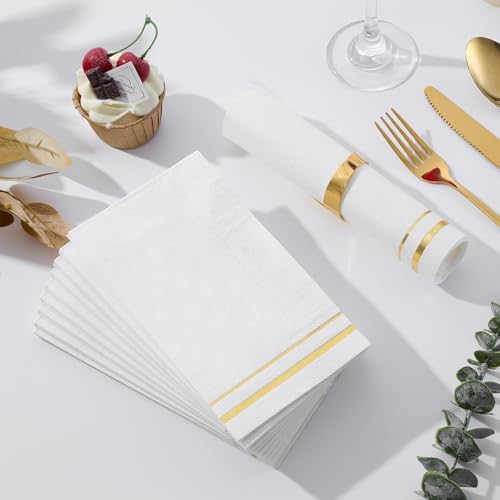 Tamone 100PCS 3-Ply Gold Napkins - Elegant White and Gold Disposable Dinner Napkins