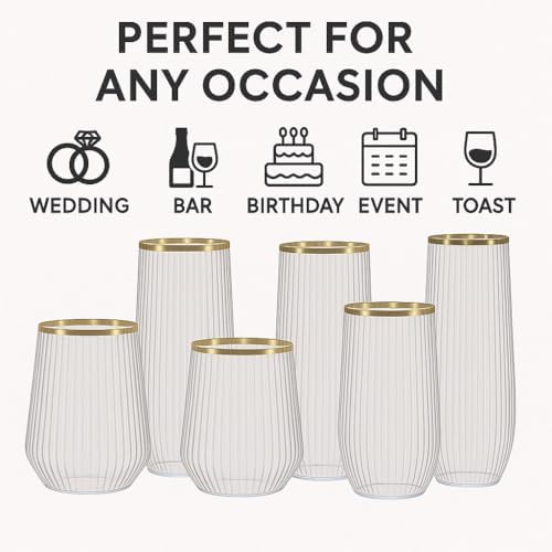 48 Pack Gold Rim Shatterproof Plastic Glasses