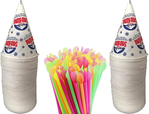 Concession Essentials 200ct Snow Cone Cups with Neon Spoon Straws