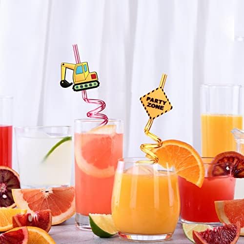 24 Reusable Plastic Straws with Construction Characters for Kids Party Favors