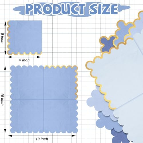 100 Pack Scalloped Blue Cocktail Napkins with Gold Foil