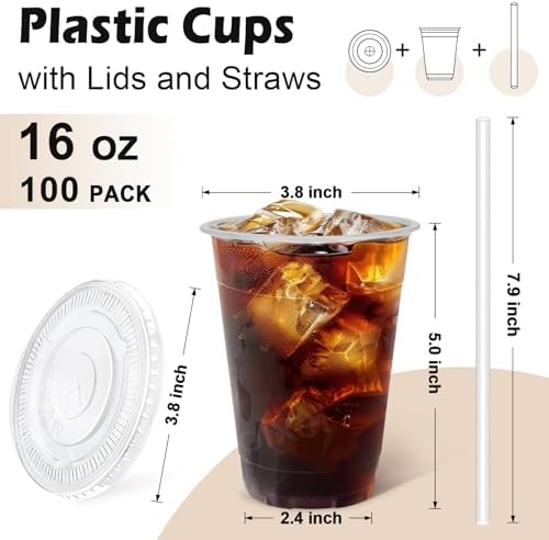 Lamosi 100 Pack 16 oz Clear Plastic Cups with Lids and Straws