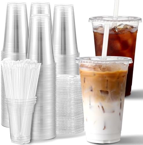 AOZITA 100 Pack 16 Oz Plastic Cups With Lids Straws