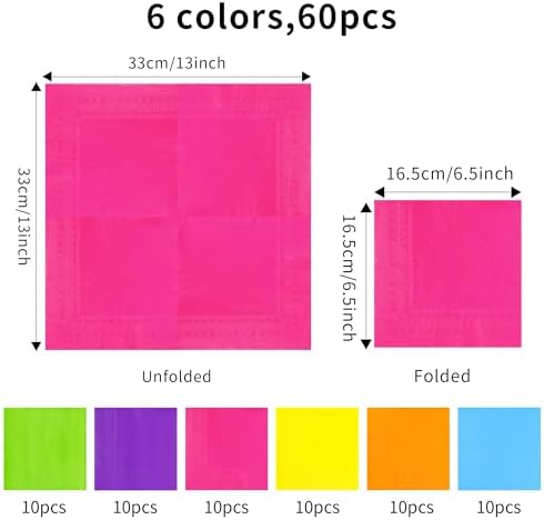 60 Pack Neon Lunch Dinner Napkins 65x65 Inch 2-Ply