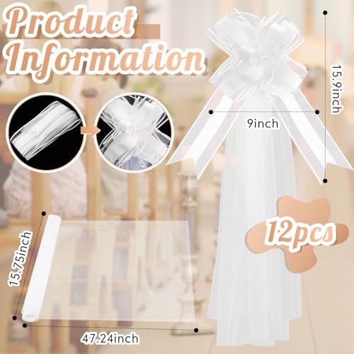 12 Set Large White Wedding Bows with Tulle Tails