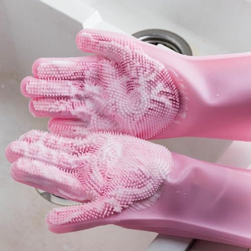 Silicone Dishwashing Scrubber with Reusable Rubber Gloves Heat Resistant Pink