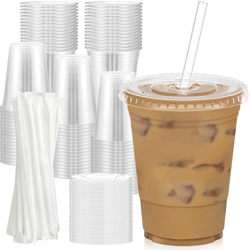 100 Pack 16 oz Clear Plastic Cups with Lids and Straws 1
