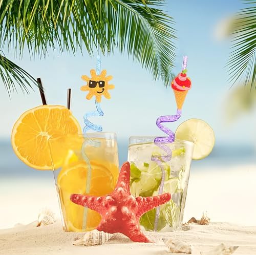 24 Glitter Drinking Straws with Beach Pattern and Brush