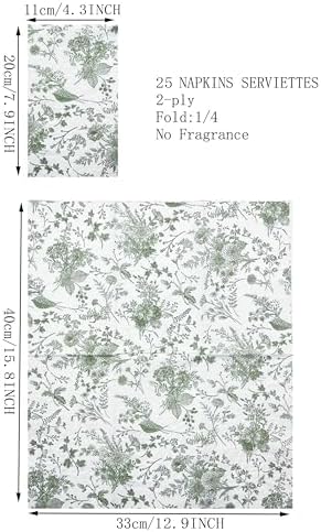 WRAPAHOLIC 25Pcs Green Floral Napkins for Events