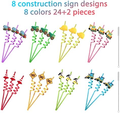 24 Reusable Plastic Straws with Construction Characters for Kids Party Favors