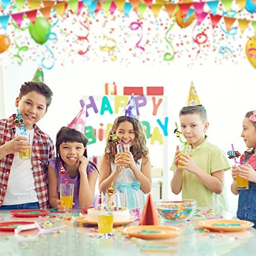 24 Reusable Plastic Straws with Construction Characters for Kids Party Favors