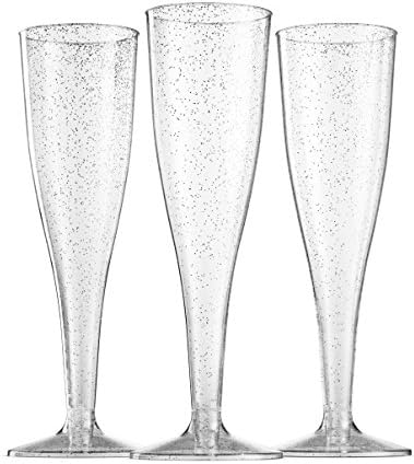 100 Plastic Champagne Flutes 5 Oz Disposable Silver Glitter Glasses for Parties
