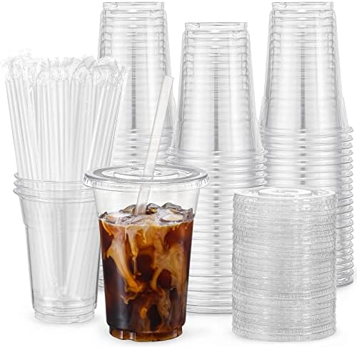 VITEVER 16oz Clear Cups with Lids Straws 100 Sets