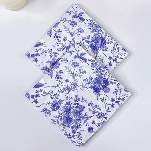 WRAPAHOLIC 25Pcs Blue Floral Cocktail Napkins