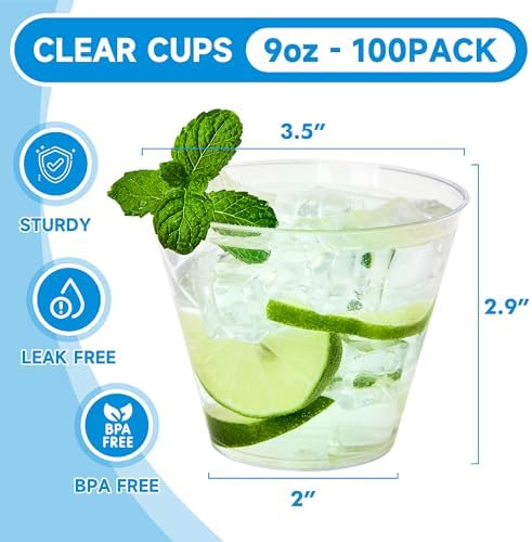 RACETOP 9 Oz Clear Plastic Cups 100 Pack