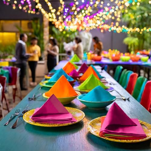 Party Essentials 2-Ply Disposable Four Fold Neon Napkins 13x13 96 Count