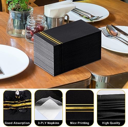 100 Gold Trim Lined Paper Napkins Black Elegant