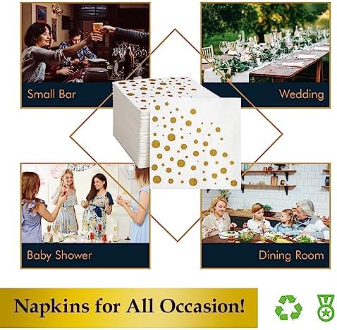Vplus 200 Pack Gold Cocktail Napkins 3 Ply