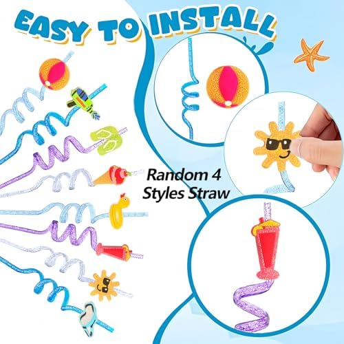 24 Glitter Drinking Straws with Beach Pattern and Brush