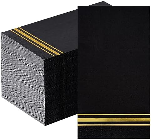 100 Gold Trim Lined Paper Napkins Black Elegant