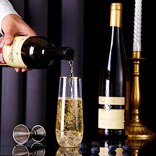 N9R 24PCS Plastic Champagne Flutes 9 Oz Stemless Gold Rim Toasting Glasses