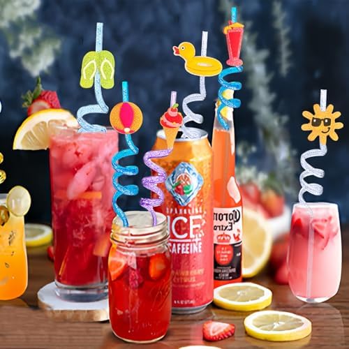 24 Glitter Drinking Straws with Beach Pattern and Brush