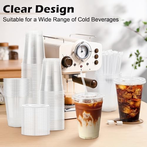 Lamosi 100 Pack 16 oz Clear Plastic Cups with Lids and Straws