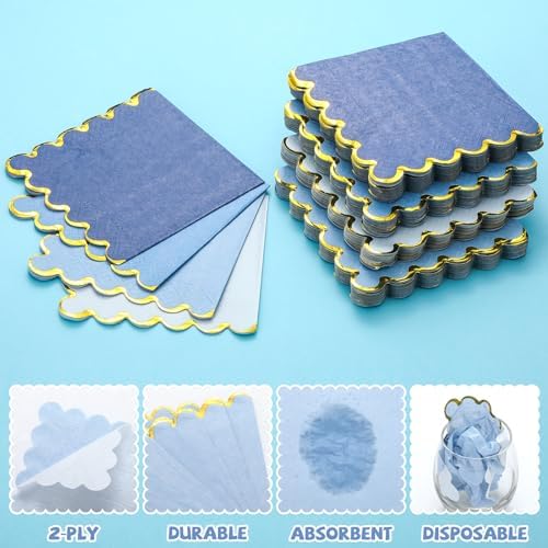 100 Pack Scalloped Blue Cocktail Napkins with Gold Foil