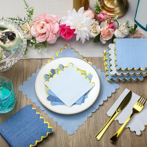 100 Pack Scalloped Blue Cocktail Napkins with Gold Foil