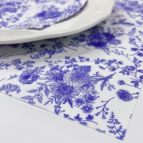 WRAPAHOLIC 25Pcs Blue Floral Cocktail Napkins
