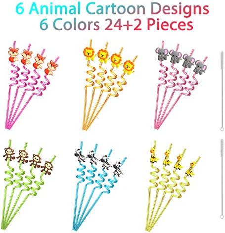 24 Reusable Jungle Animal Straws with Brushes