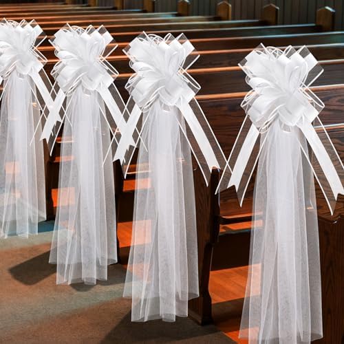 12 Set Large White Wedding Bows with Tulle Tails