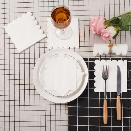 100 Pack 2 Ply Scalloped Edged Cocktail Napkins White