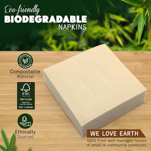 300 Pack 2-Ply Compostable Napkins - Eco-Friendly Biodegradable Recycled