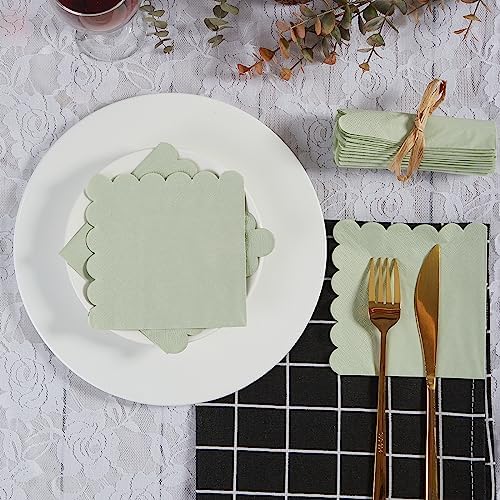 100 Pack Scalloped Edged Cocktail Napkins Sage Green