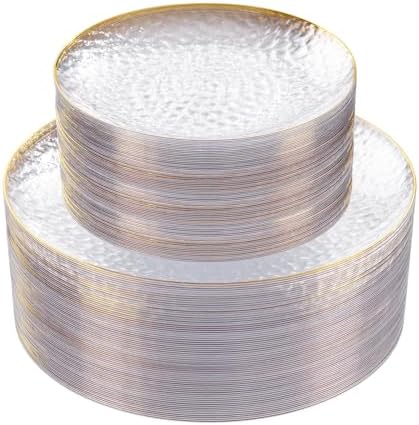 Rubtlamp 60Pcs Clear Plastic Plates with Gold Rim