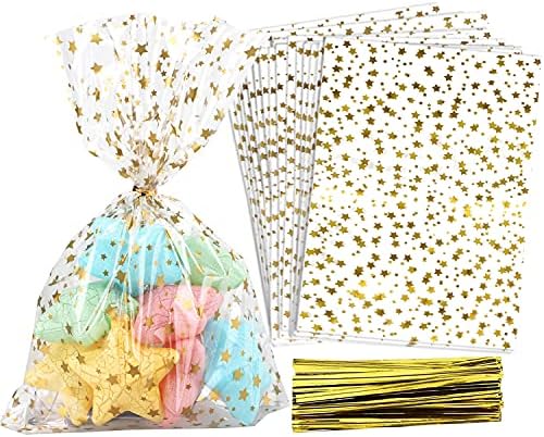 100 Pcs Gold Star 5X7 Gift Wrap Cello Bags