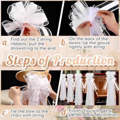 12 Set Large White Wedding Bows with Tulle Tails